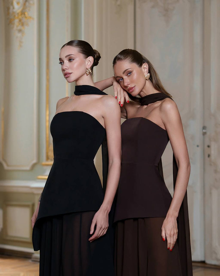 Trijų dalių šokoladinės spalvos suknelė „Nitena“