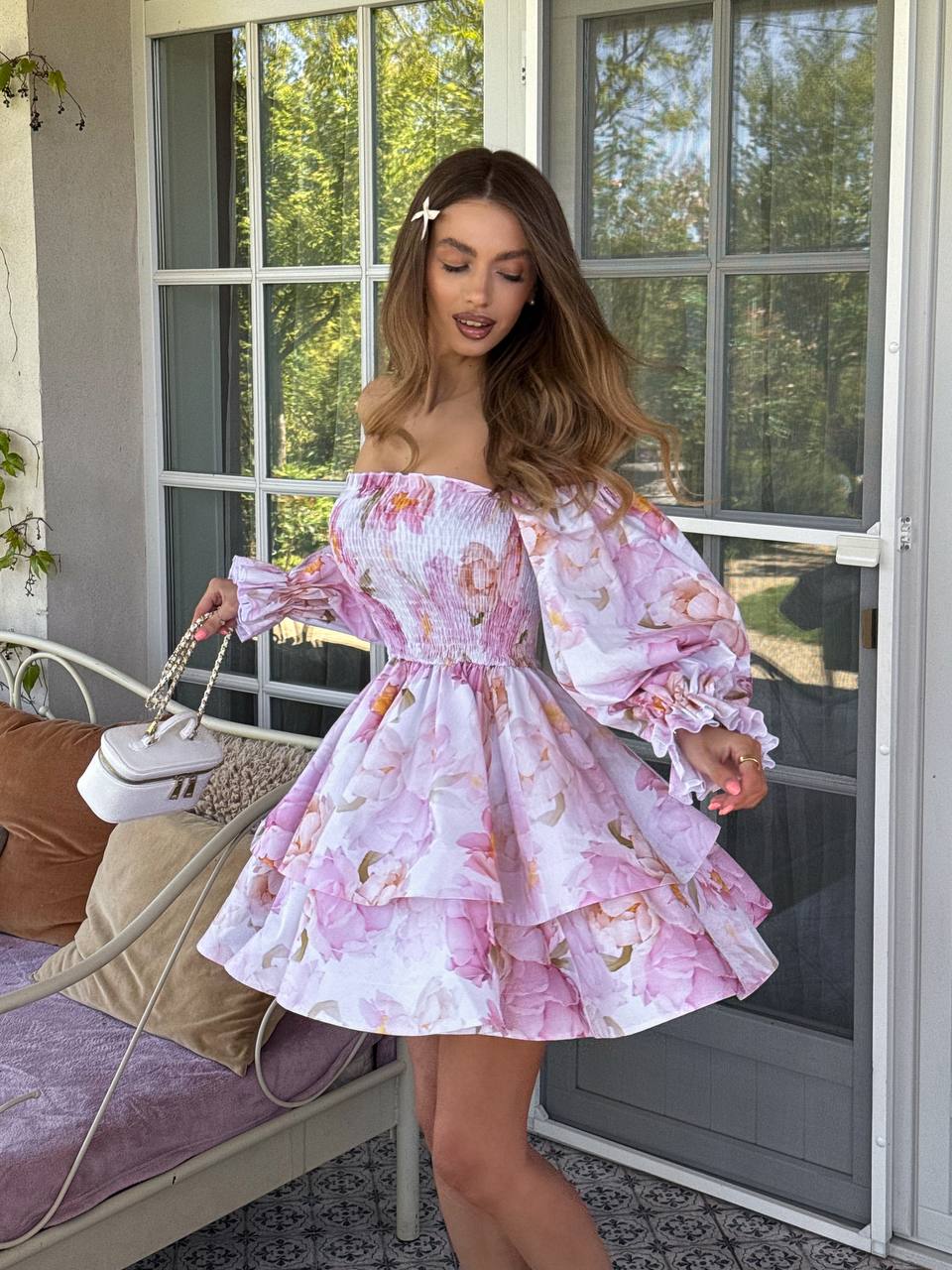 Pink flowers mini dress “Vesta”