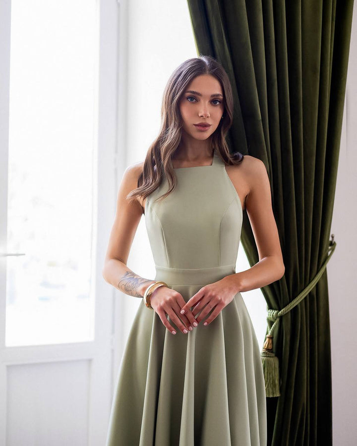 Olive color midi dress "Bow tie back"