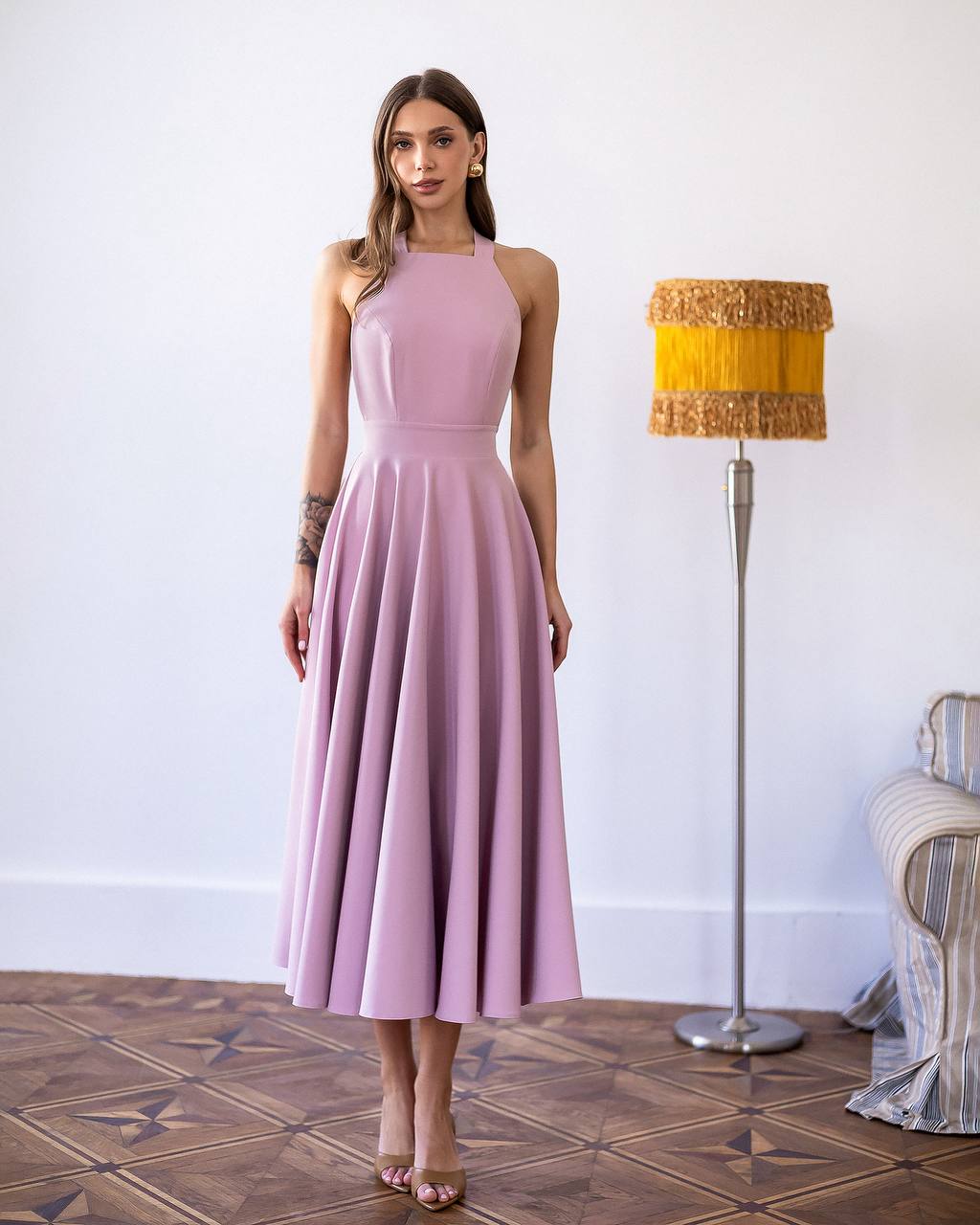 Pink midi dress "Bow tie back"