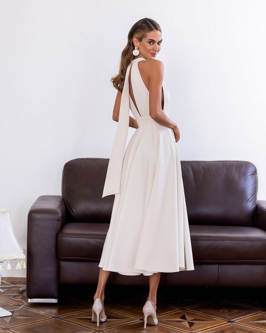 Cream color midi dress "Bow tie back"