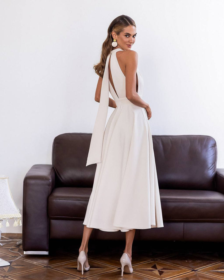 Cream color midi dress "Bow tie back"