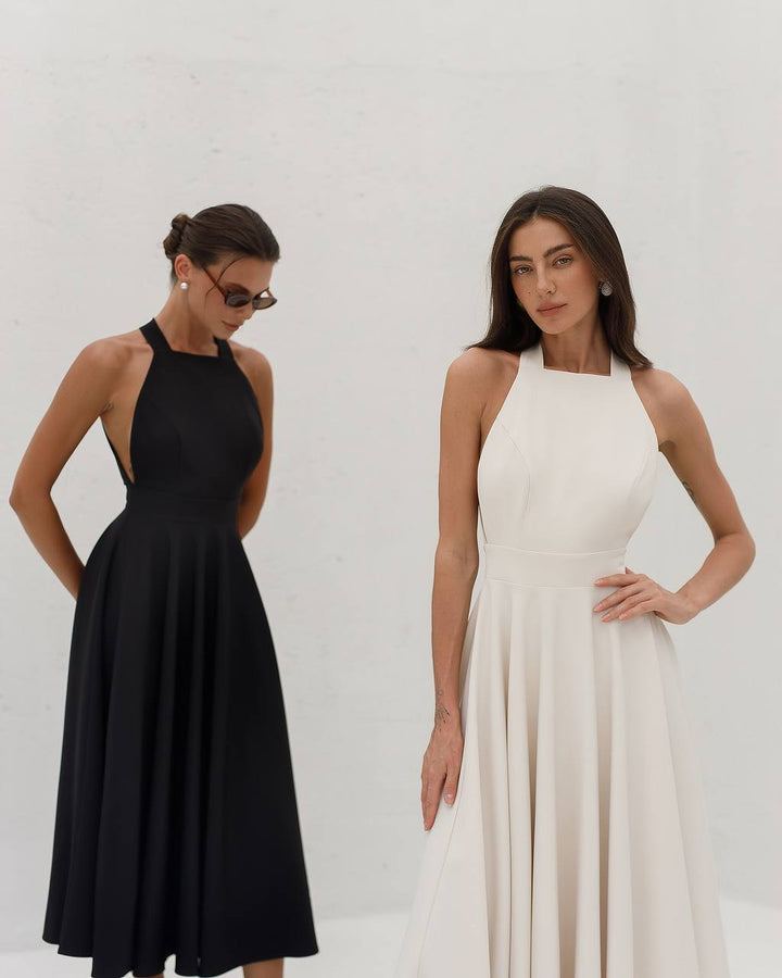 Cream color midi dress "Bow tie back"