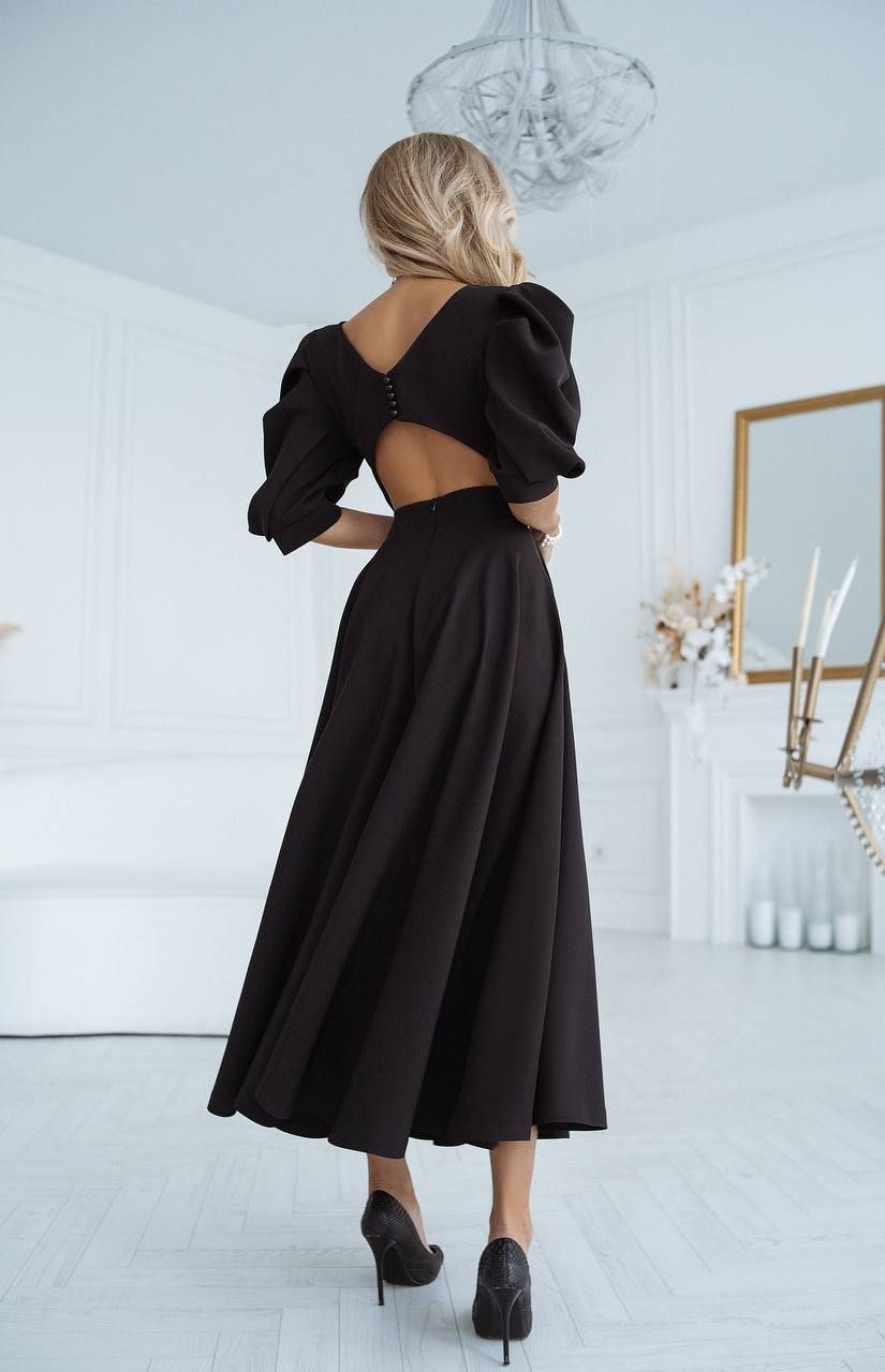 BLACK MIDI DRESS "OPEN BACK PEARL"