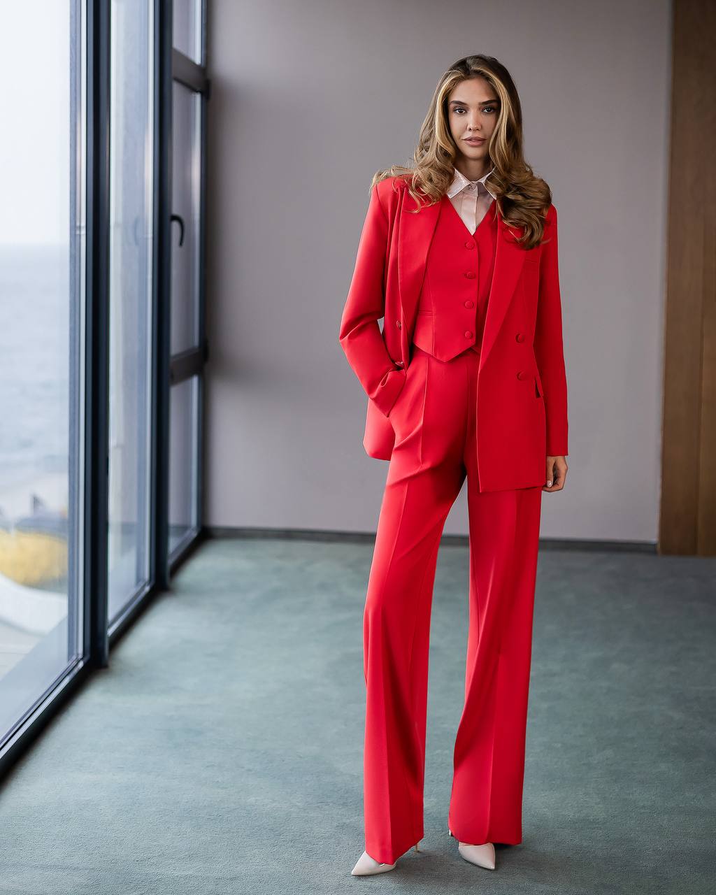 Red three piece suit "Ultra classy"