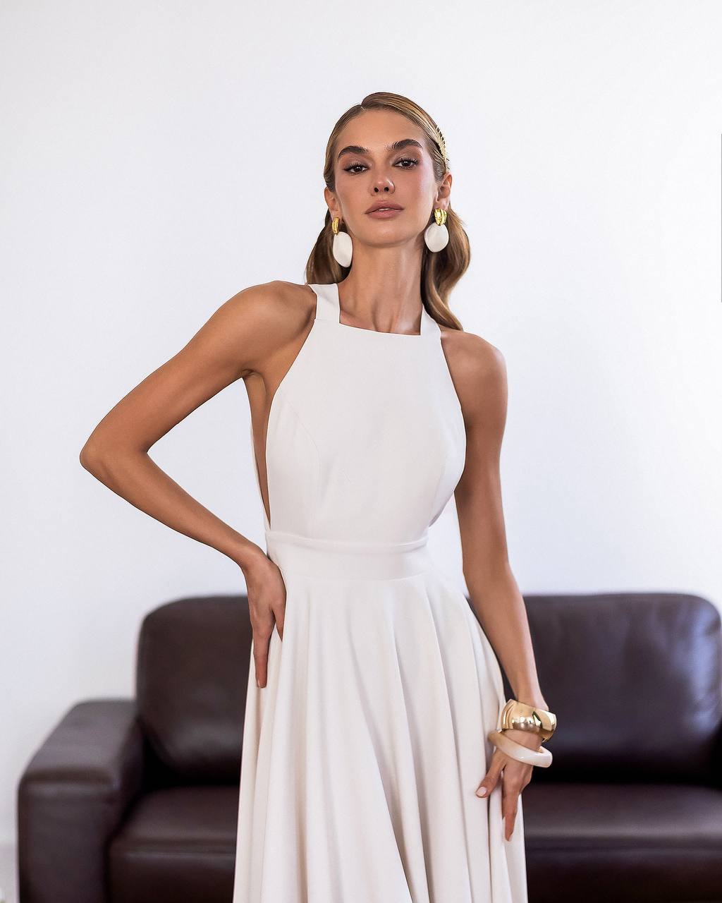 Cream color midi dress "Bow tie back"