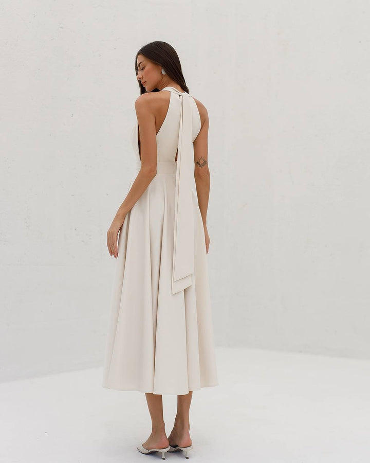 Cream color midi dress "Bow tie back"