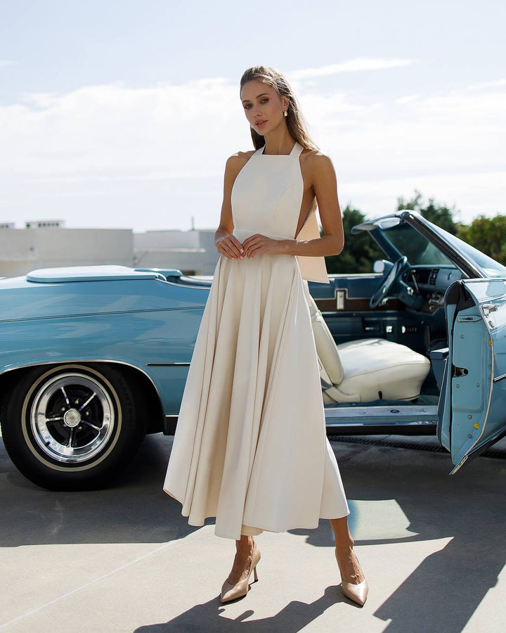 Cream color midi dress "Bow tie back"