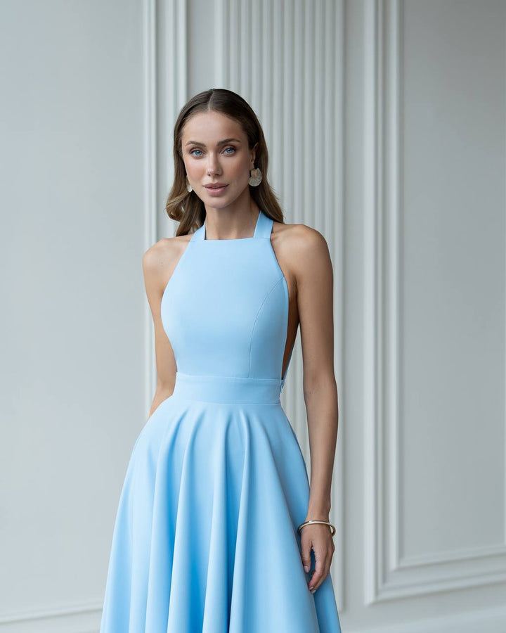 Blue midi dress "Bow tie back"