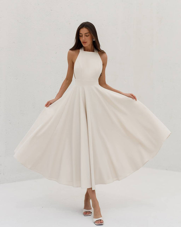 Cream color midi dress "Bow tie back"