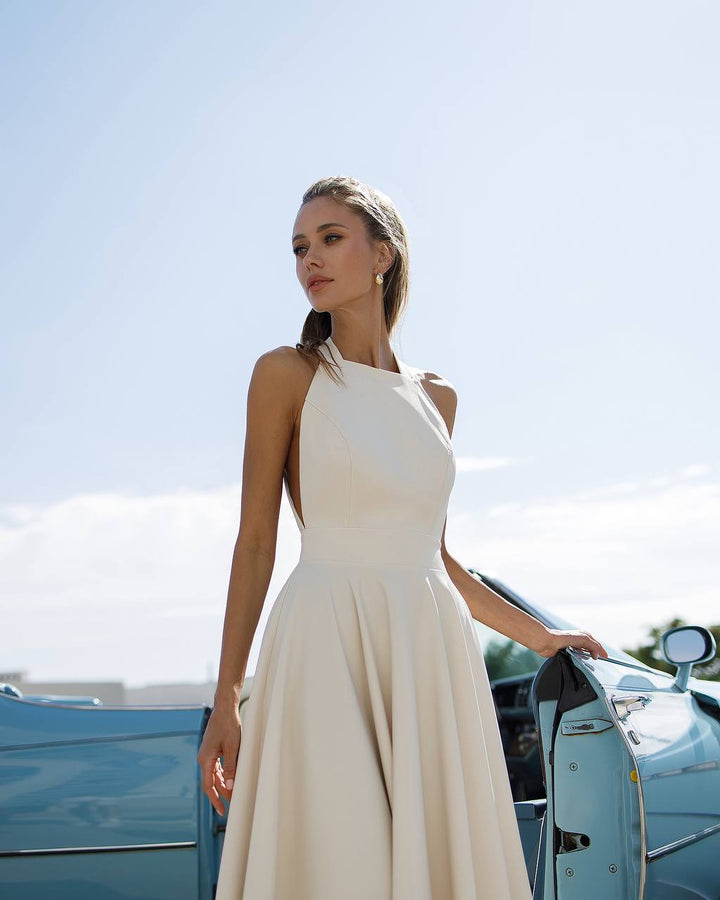 Cream color midi dress "Bow tie back"