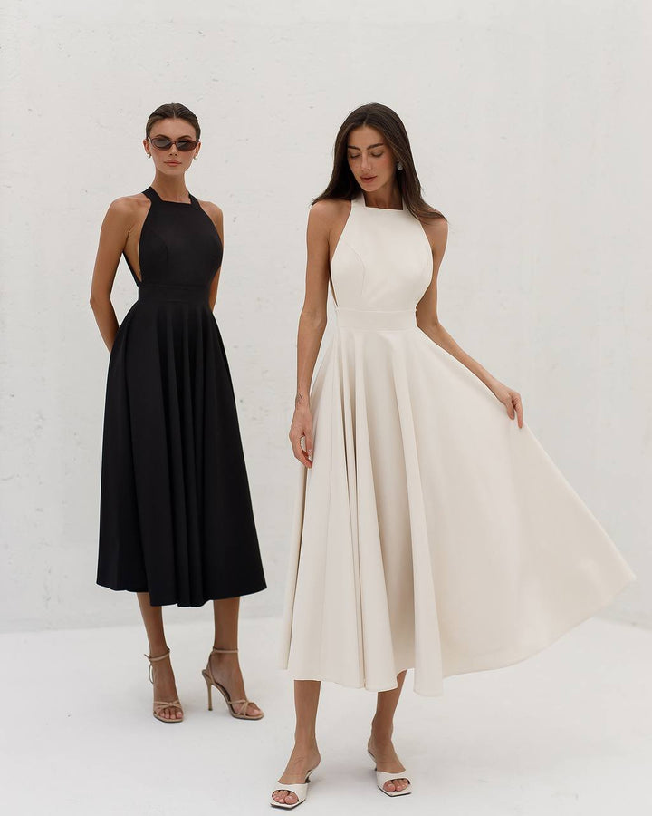 Cream color midi dress "Bow tie back"