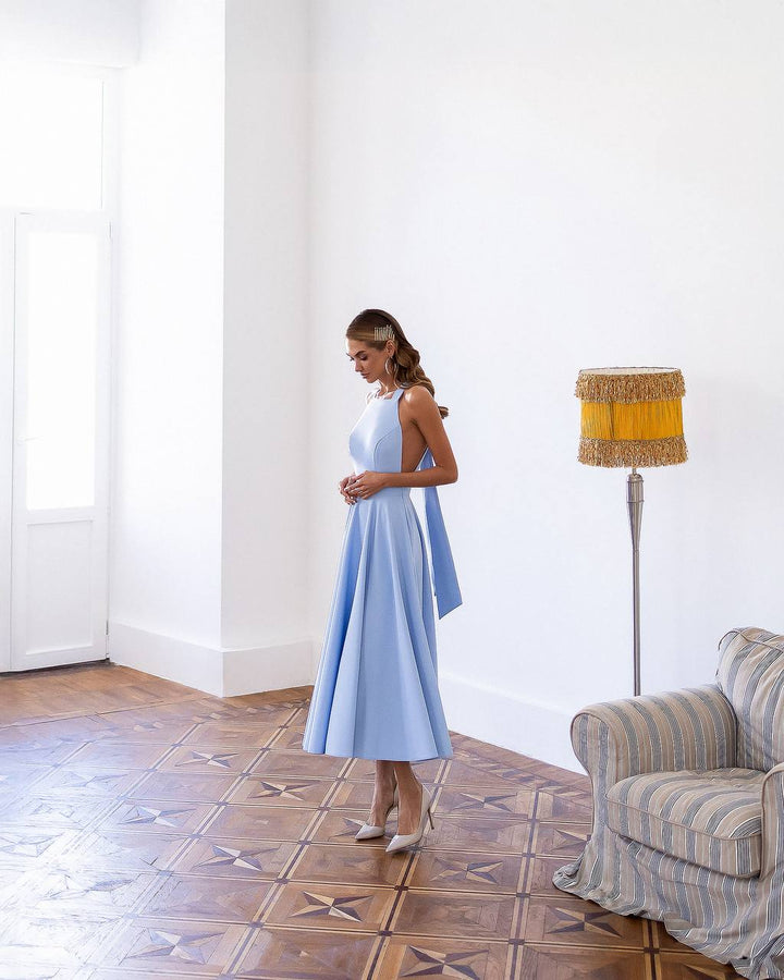 Blue midi dress "Bow tie back"