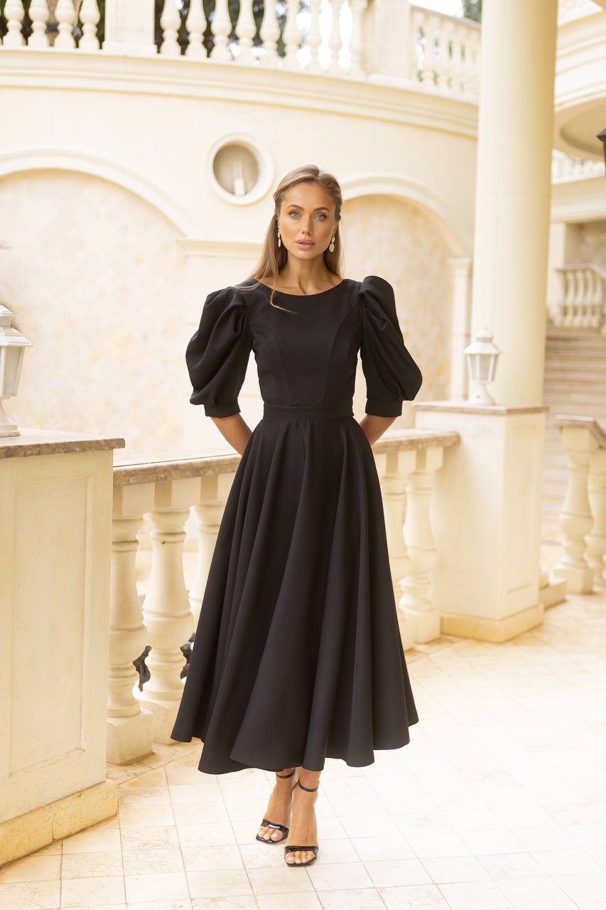 BLACK MIDI DRESS "OPEN BACK PEARL"