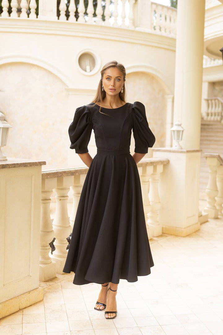 BLACK MIDI DRESS "OPEN BACK PEARL"