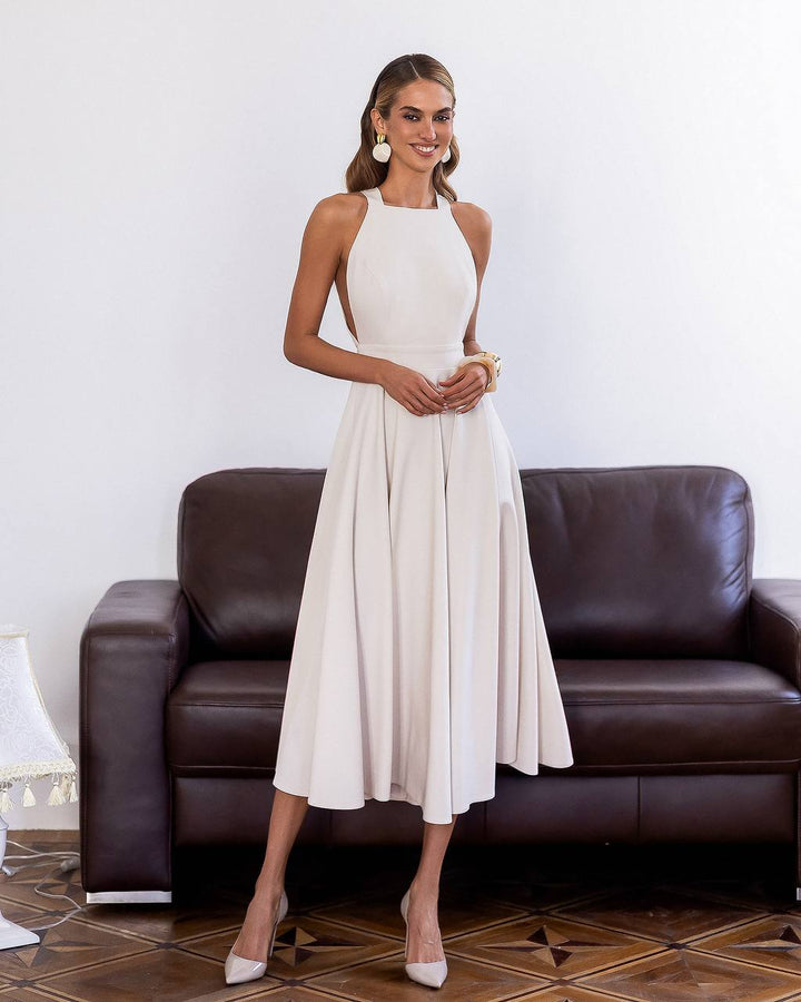 Cream color midi dress "Bow tie back"