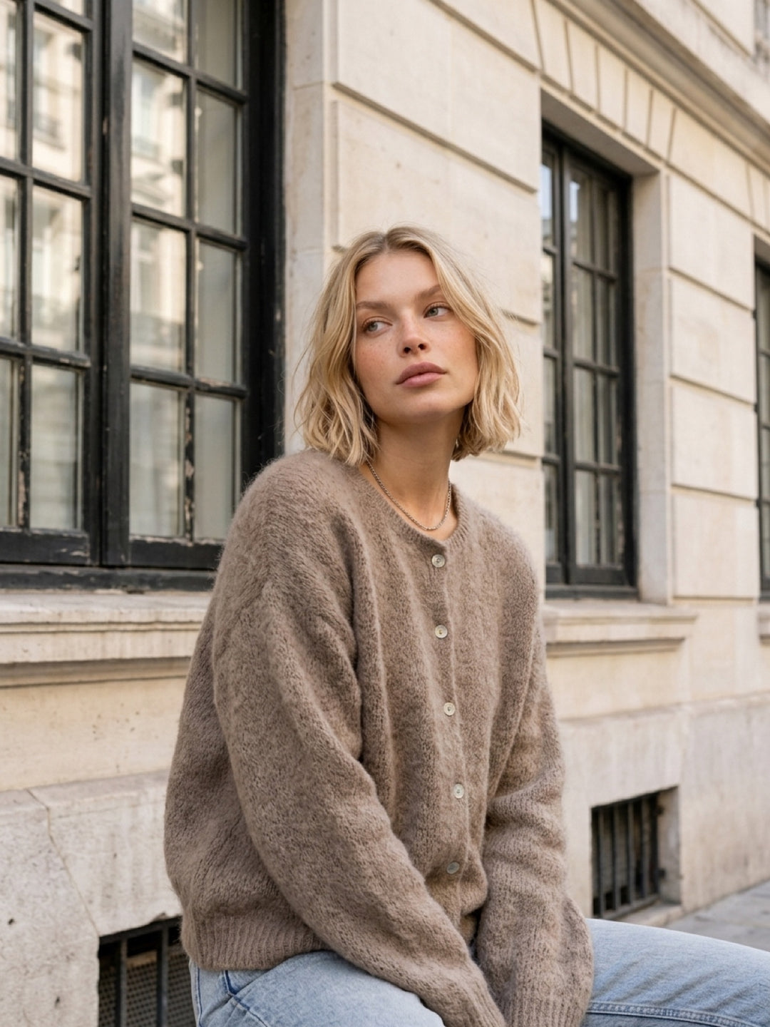 Classic Taupe Mohair-Blend Cardigan