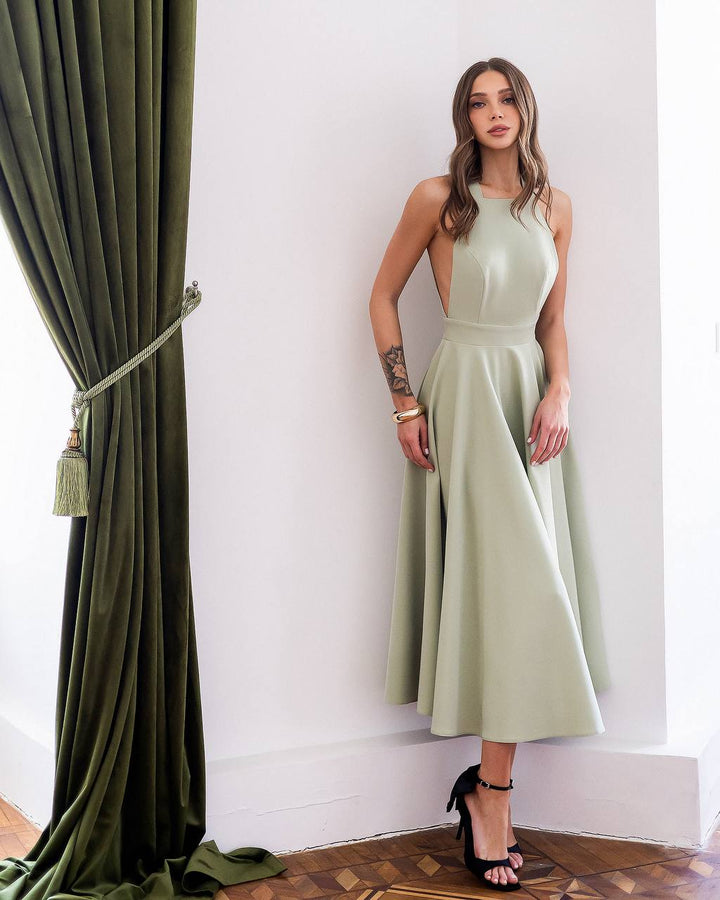 Olive color midi dress "Bow tie back"