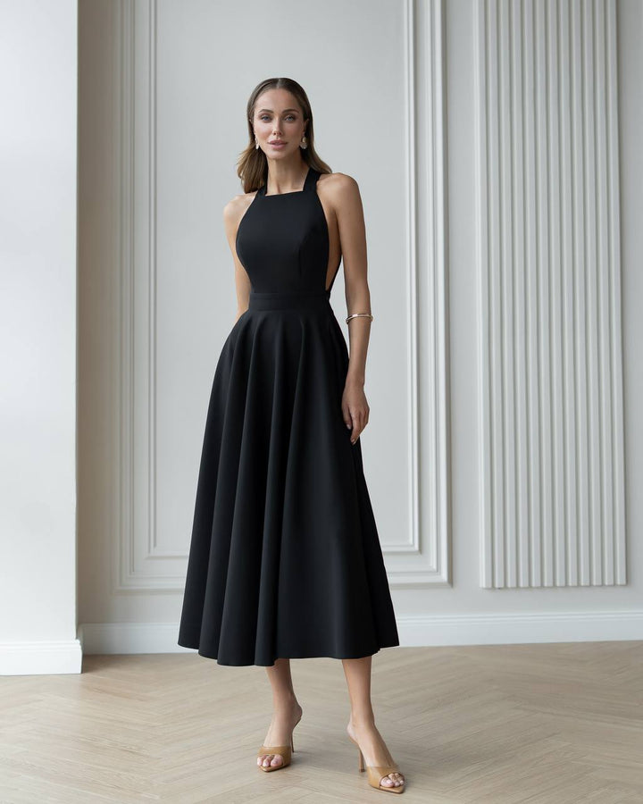 Juoda midi suknelė "Bow tie back"