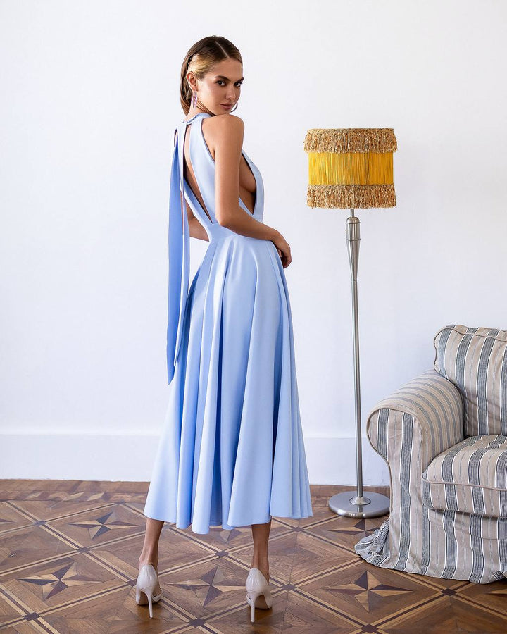 Blue midi dress "Bow tie back"