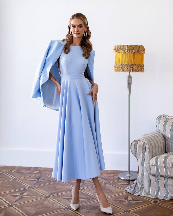 Blue midi dress "Bow tie back"