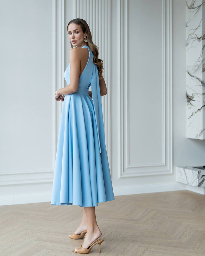Blue midi dress "Bow tie back"