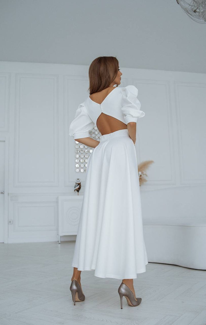 White midi dress "Open back pearl"