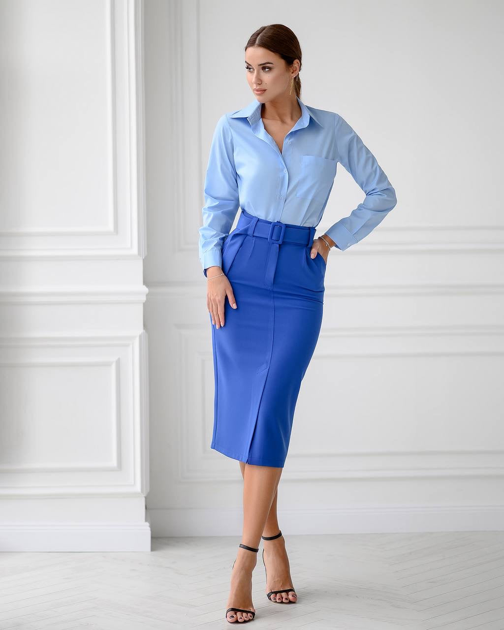 Blue midi skirt "Belted"