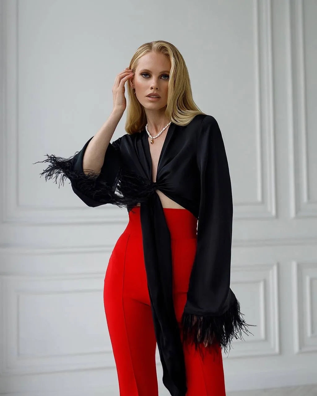 Black blouse with feathers "Wrap"