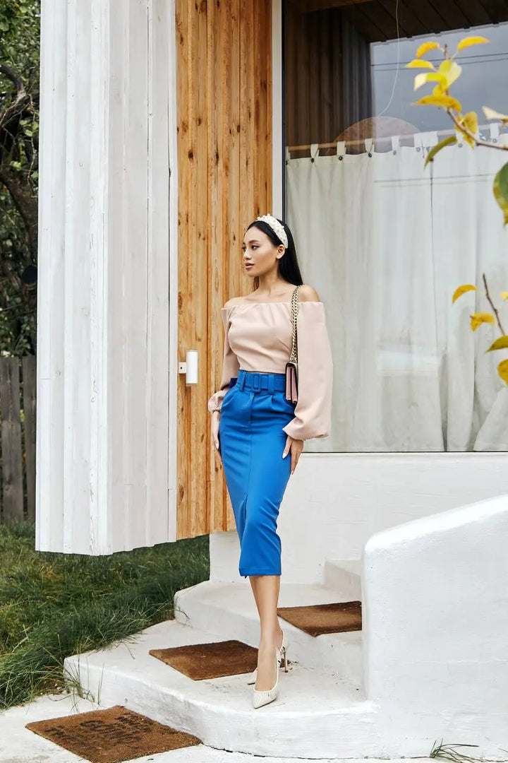Blue midi skirt "Belted"