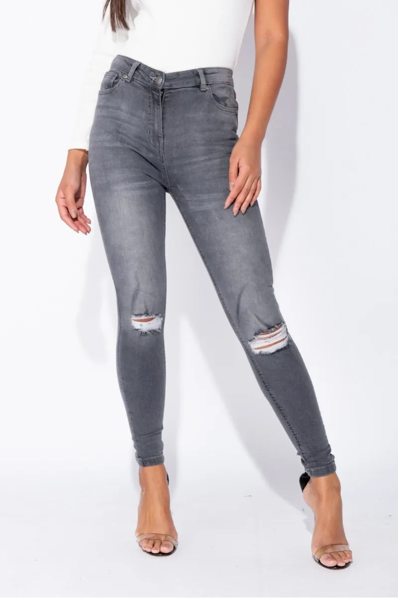 Grey high waist jeans "Knee rip"