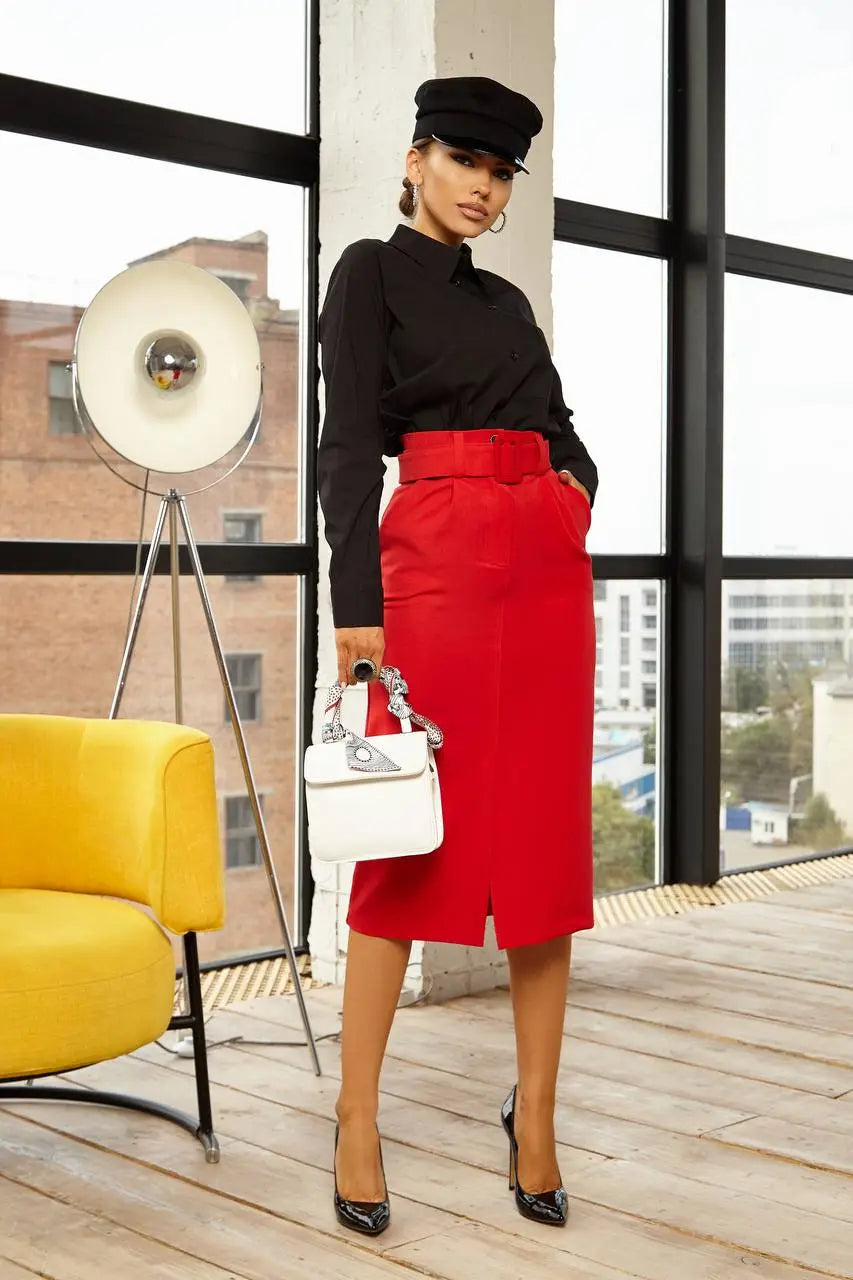 Red midi skirt "Belted"