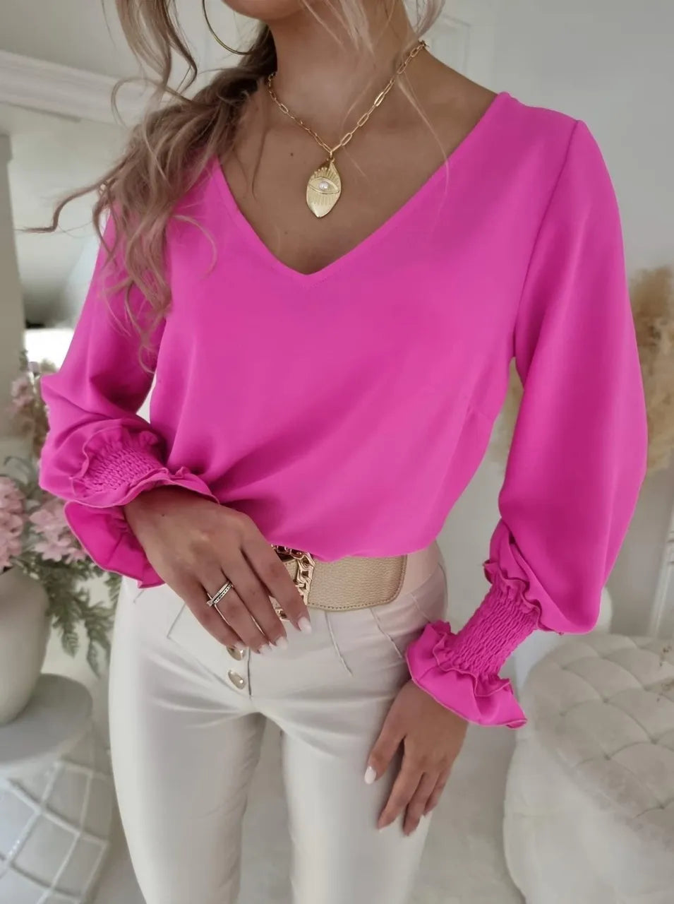 Įvairių spalvų palaidinė "Flounce sleeve blouse"