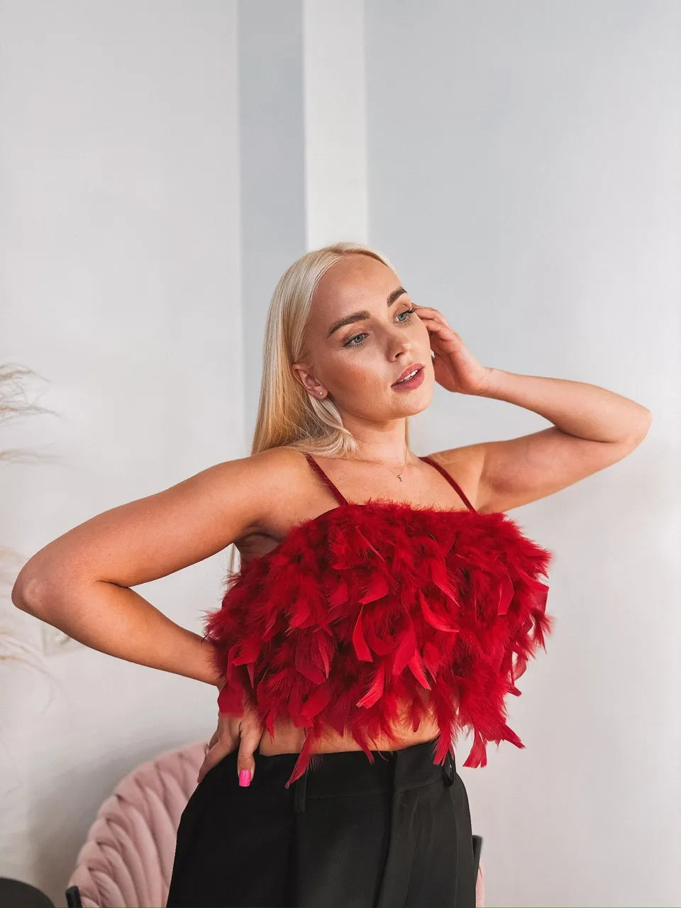 Red feather crop top „Feather”
