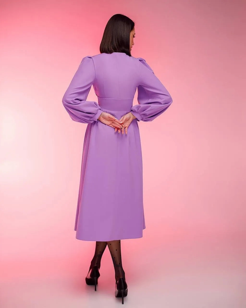 Purple long sleeve midi dress "V front"