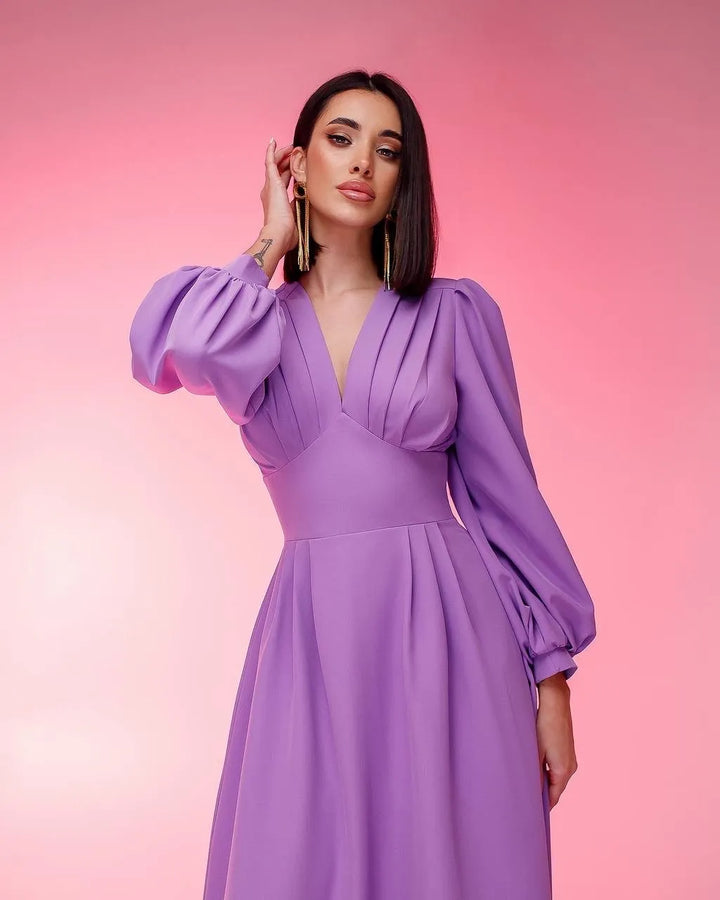 Purple long sleeve midi dress "V front"