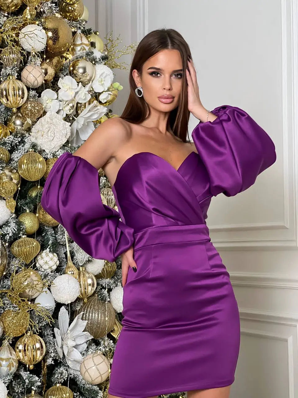 Purple mini dress "Puff sleeve crystal"