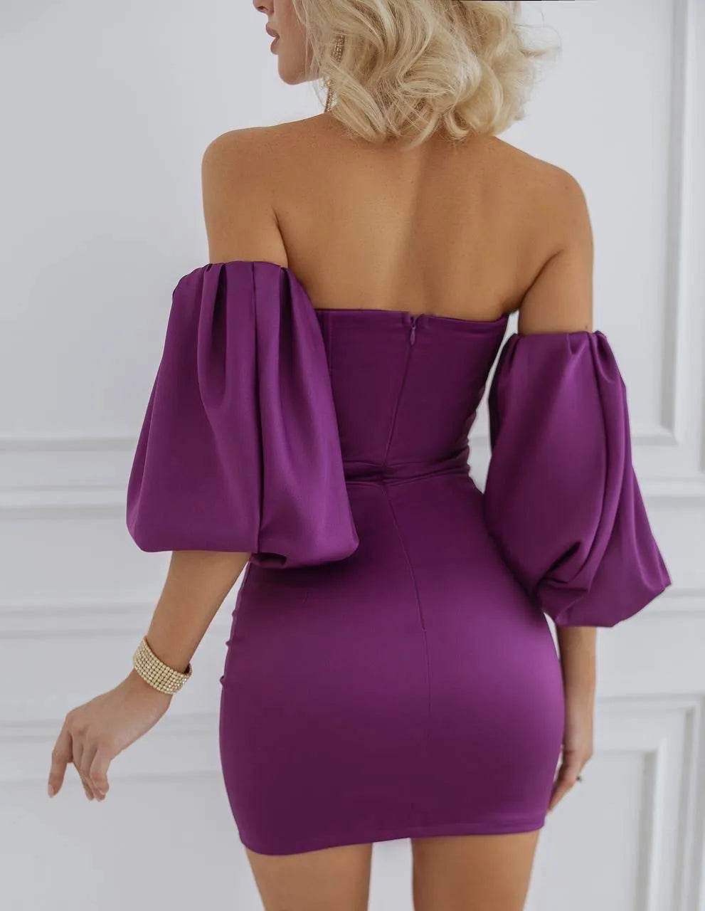 Purple mini dress "Puff sleeve crystal"