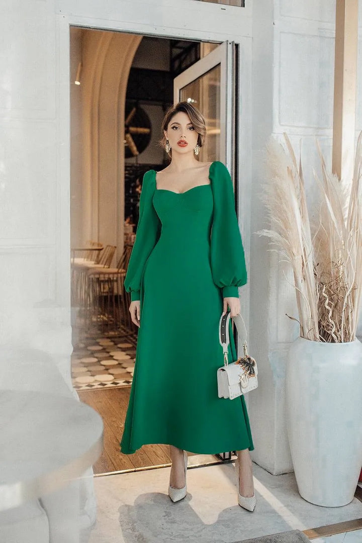 Green midi dress "Elastic shoulder"