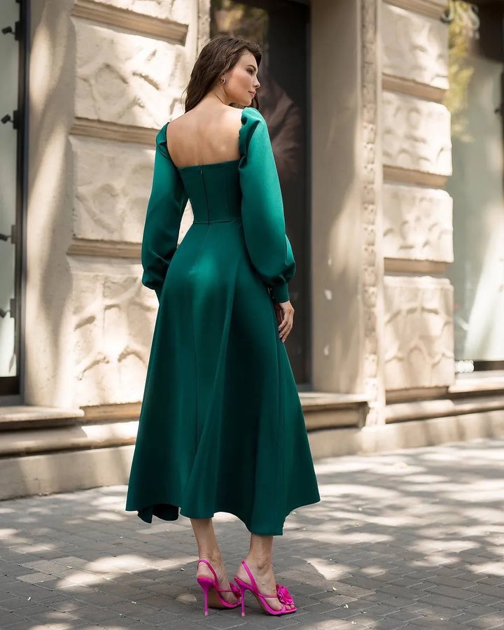 Green midi dress "Elastic shoulder"