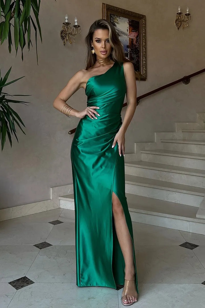 Green maxi dress "One sleeve satin"