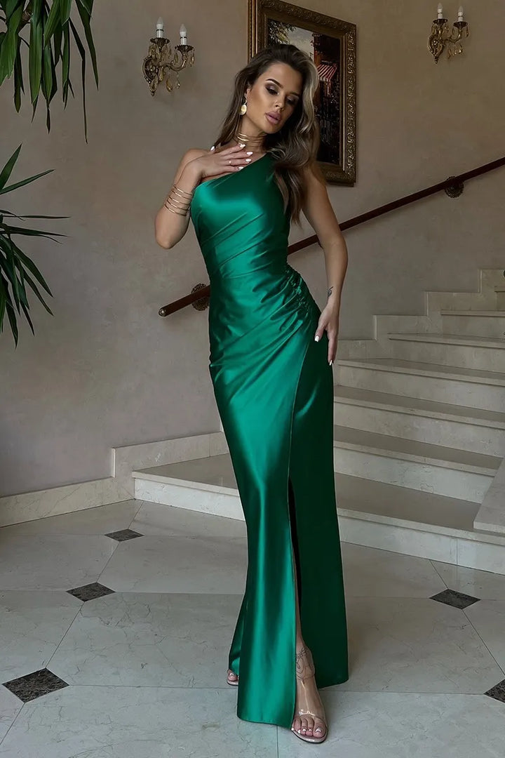 Green maxi dress "One sleeve satin"