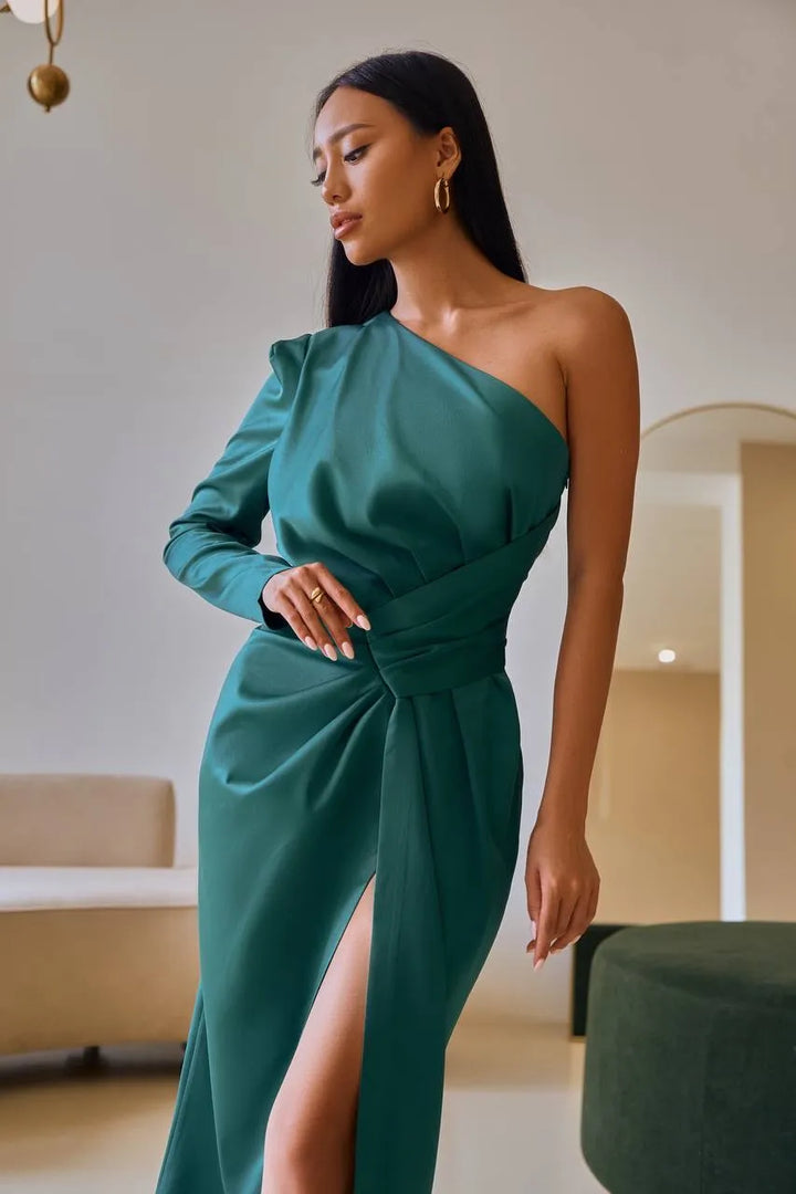 Green midi dress "One sleeve luxe"
