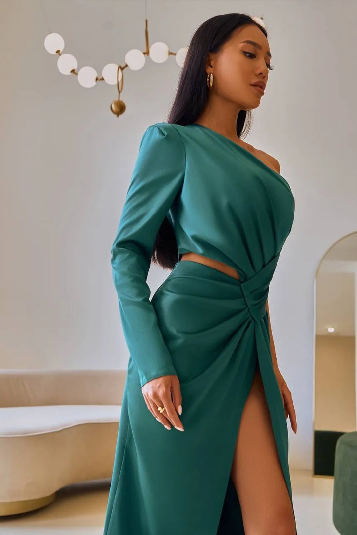 Žalia midi suknelė "One sleeve luxe"