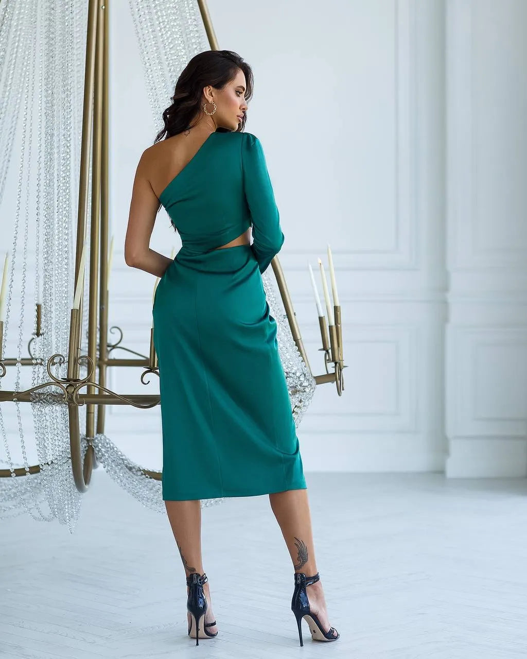 Žalia midi suknelė "One sleeve luxe"